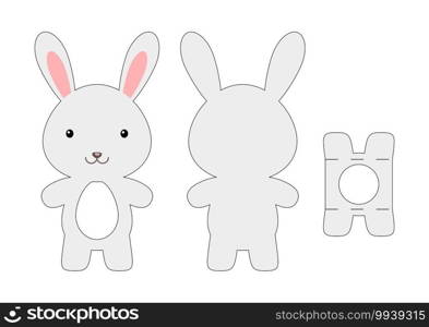 Cute die cut rabbit chocolate egg holder template. Retail paper box for the easter egg. Printable color scheme. Laser cutting vector template. Isolated vector packaging design illustration.