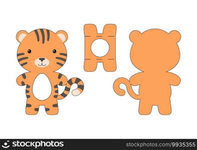 Cute die cut tiger chocolate egg holder template. Retail paper box for the easter egg. Printable color scheme. Laser cutting vector template. Isolated vector packaging design illustration.