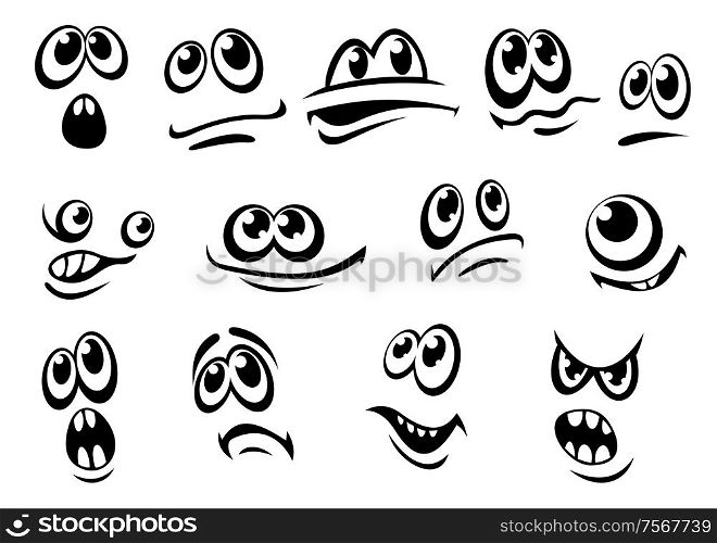 Cute different black and white facial expressions each with eyes and a mouth, doodle sketch