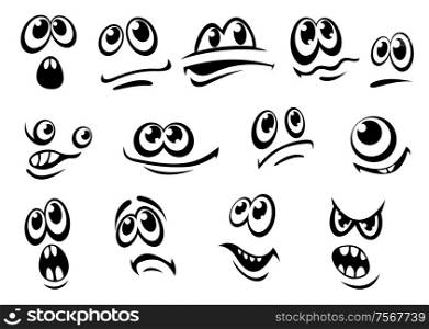 Cute different black and white facial expressions each with eyes and a mouth, doodle sketch