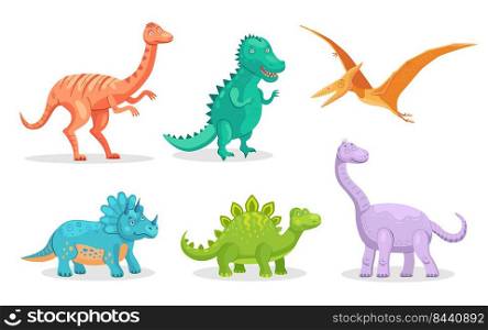Cute dino flat icon set. Cartoon ancient pterodactyl, brontosaurus and triceratops isolated vector illustration collection. Monsters and prehistoric reptiles concept