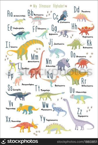 Cute dinosaur alphabet. Each dinosaur is for each lettern for English Alphabet ABC. Kids poster Nursery wall art. Children play room decor. Dinosaurs are herbivores. A3 size. Vegetarians. Vector. Cute dinosaur alphabet. Each dinosaur is for each lettern for English Alphabet ABC. Dinosaurs are herbivores. A3 size. Vegetarians. Vector