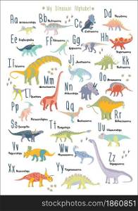 Cute dinosaur alphabet. Each dinosaur is for each lettern for English Alphabet ABC. Kids poster Nursery wall art. Children play room decor. Dinosaurs are herbivores. A3 size. Vegetarians. Vector. Cute dinosaur alphabet. Each dinosaur is for each lettern for English Alphabet ABC. Dinosaurs are herbivores. A3 size. Vegetarians. Vector