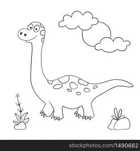 Cute dinosaur. Dino Brachiosaurus. Vector illustration in doodle and cartoon style for coloring books and prints. Hand drawn. Black and white. Cute dinosaur. Dino Brachiosaurus. Vector illustration in doodle and cartoon style