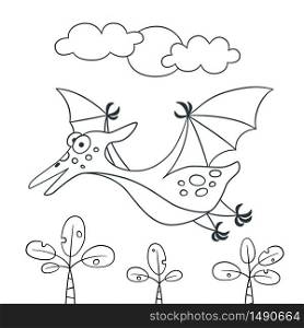 Cute dinosaur. Dino pterodactyl. Vector illustration in doodle and cartoon style for coloring books and prints. Hand drawn. Black and white. Cute dinosaur. Dino pterodactyl. Vector illustration in doodle and cartoon style