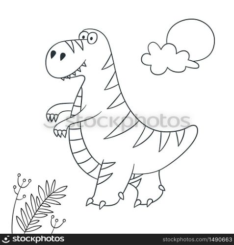 Cute dinosaur. Dino Tyrannosaurus Rex. Vector illustration in doodle and cartoon style for coloring books and prints. Hand drawn. Black and white. Cute dinosaur. Dino Tyrannosaurus Rex. Vector illustration in doodle and cartoon style