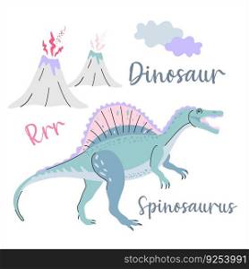 Cute dinosaur drawn as vector on blue for kids fashion. Palm and volcano.. Cute dinosaur drawn as vector on white for kids fashion. Palm and volcano. Spinosaurus.