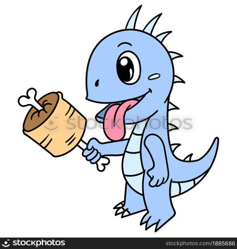 cute dinosaur kids eat meat, doodle icon image. cartoon caharacter cute doodle draw