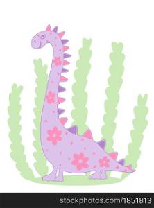 Cute dinosaur on foliage background, vector illustration. Childish character, funny animal. Image for the baby. Hand drawing.. Cute dinosaur on foliage background, vector illustration.
