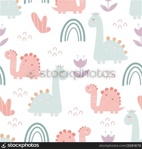 Cute dinosaur pattern - hand drawn childish dinosaur seamless pattern design. Vector illustration. Cute dinosaur pattern - hand drawn childish dinosaur seamless pattern design