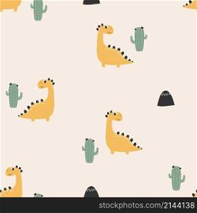 Cute dinosaur pattern - hand drawn childish dinosaur seamless pattern design. Vector illustration