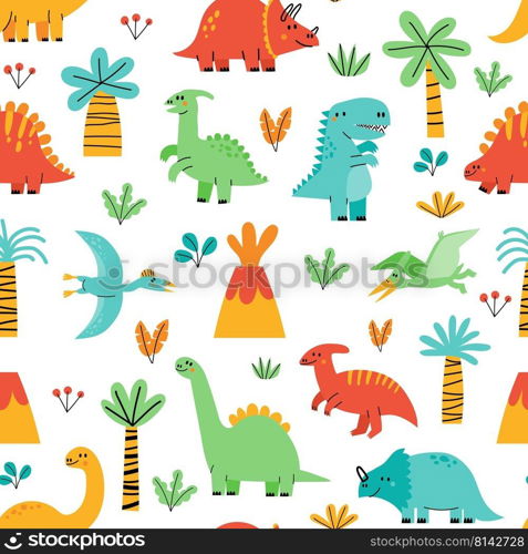 Cute dinosaur pattern. Seamless print of baby dino funny mascot character, childish scandinavian clipart. Vector kids Jurassic animal texture. Magical flying and walking dragons in nature. Cute dinosaur pattern. Seamless print of baby dino funny mascot character, childish scandinavian clipart. Vector kids Jurassic animal texture
