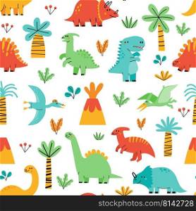 Cute dinosaur pattern. Seamless print of baby dino funny mascot character, childish scandinavian clipart. Vector kids Jurassic animal texture. Magical flying and walking dragons in nature. Cute dinosaur pattern. Seamless print of baby dino funny mascot character, childish scandinavian clipart. Vector kids Jurassic animal texture