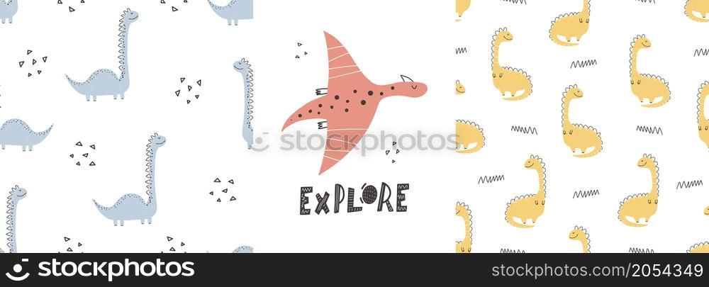 Cute dinosaur patterns with lettering - hand drawn childish dinosaur seamless pattern design. Vector illustration. Cute dinosaur patterns with lettering - hand drawn childish dinosaur seamless pattern design