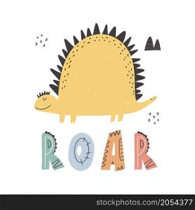 Cute dinosaur.Roar slogan graphic with funny dinosaur cartoons. Vector funny lettering quote with dino hand drawn illustration for greeting card, print, stickers, posters design.. Cute dino with lettering Roar slogan graphic with funny dinosaur cartoons.