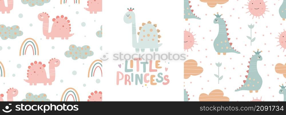 Cute dinosaur seamless patterns set and lettering - little princess. Digital paper. Creative childish print for fabric, wrapping, textile, wallpaper, apparel, scrapbooking. Cute dinosaur seamless patterns set and lettering - little princess. Digital paper