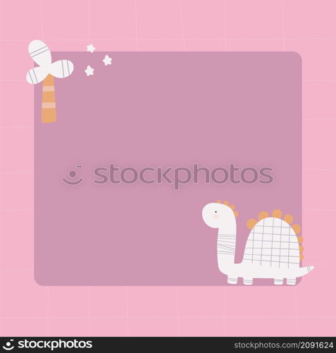 Cute dinosaur with a blot frame in simple cartoon hand-drawn style. Template for your text or photo. Ideal for cards, invitations, party, kindergarten, preschool and children. Cute dinosaur with a blot frame in simple cartoon hand-drawn style.