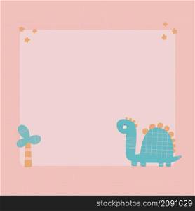 Cute dinosaur with a blot frame in simple cartoon hand-drawn style. Template for your text or photo. Ideal for cards, invitations, party, kindergarten, preschool and children. Cute dinosaur with a blot frame in simple cartoon hand-drawn style.