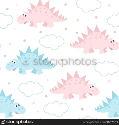 Cute dinosaurs and clouds gentle pastel baby seamless pattern. Background with funny animals, vector illustration. Pattern for wallpaper, packaging, fabric and textile.. Cute dinosaurs and clouds gentle pastel baby seamless pattern.