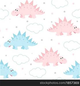 Cute dinosaurs and clouds gentle pastel baby seamless pattern. Background with funny animals, vector illustration. Pattern for wallpaper, packaging, fabric and textile.. Cute dinosaurs and clouds gentle pastel baby seamless pattern.