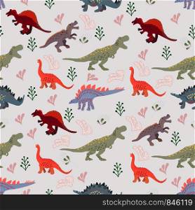 Cute dinosaurs and leaves seamless pattern seamless pattern. Hand drawn sketch style textile, wrapping paper, background design.. Cute dinosaurs and leaves seamless pattern