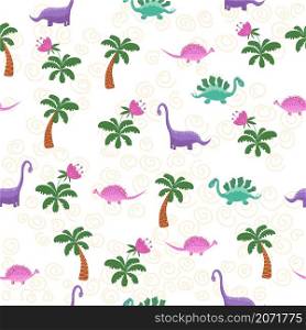 Cute dinosaurs and tropic plants. Funny cartoon dino seamless pattern. Handdrawn cute dinosaurs seamless pattern. Children pattern with dinos, rainbows. Hand drawn cute dinosaurs seamless pattern. Childrens pattern with dinos, rainbows, clouds, stars, polka dots
