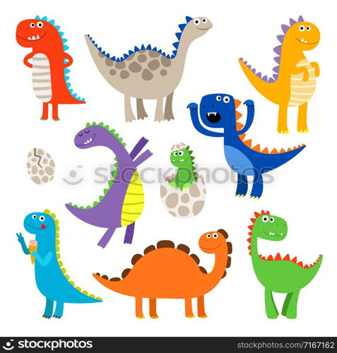 Cute dinosaurs. Baby cartoon smiling dinosaur animals isolated on white background, vector illustration. Cute cartoon dinosaurs