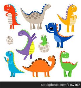 Cute dinosaurs. Baby cartoon smiling dinosaur animals isolated on white background, vector illustration. Cute cartoon dinosaurs
