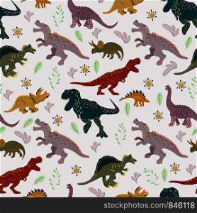 Cute dinosaurs character illustration seamless pattern. Cute hand drawn sketch style textile, wrapping paper, background design. . Dinosaurs cute hand drawn seamless pattern.