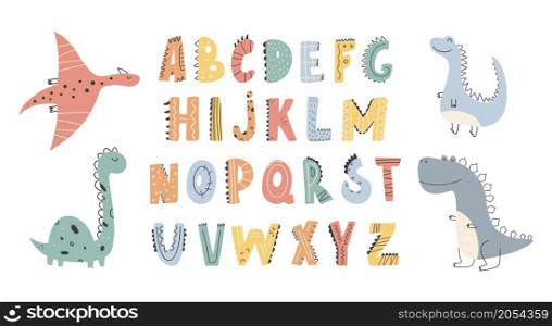 Cute Dinosaurs collection and alphabet in cartoon style. Colorful cute baby illustration is ideal for a children&rsquo;s room Vector illustration Design element. Cute Dinosaurs collection and alphabet in cartoon style. Colorful cute baby illustration