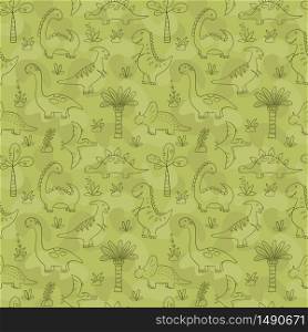 Cute Dinosaurs. Dino seamless pattern in doodle style on military background. Hand drawn vector illustration. Cute Dinosaurs. Dino seamless pattern in doodle style on military background. Vector illustration