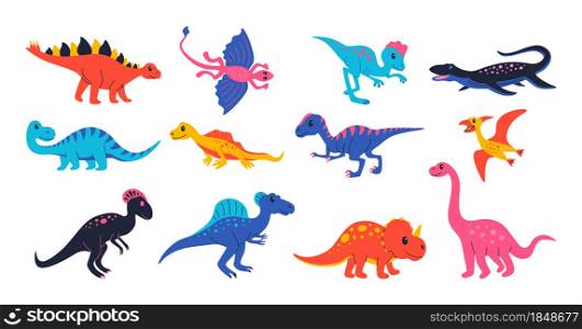 Cute dinosaurs. Doodle colourful prehistoric reptiles for kid illustration, ancient Jurassic predators and herbivores. Vector funny dinosaurs set illustrations collection monster dinosaur. Cute dinosaurs. Doodle colourful prehistoric reptiles for kid illustration, ancient Jurassic predators and herbivores. Vector funny dinosaurs set