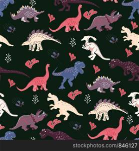 Cute dinosaurs hand drawn seamless pattern on dark green background. Cute hand drawn sketch style textile, wrapping paper, background design. . Cute dinosaurs hand drawn seamless pattern on dark green background