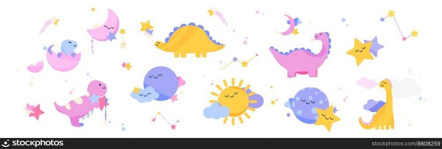 Cute dinosaurs in boho style for baby room decoration. Pastel icons of adorable dino, moon, sun, clouds and stars isolated on white background, vector cartoon illustration. Cute dinosaurs in boho style for baby room