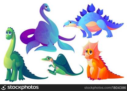 Cute dinosaurs isolated on white background. Triceratops, spinosaurus, plesiosaurus, brachiosaurus and stegosaurus. Vector cartoon set of funny dino characters, fossil prehistoric animals. Vector cartoon dinosaurs, fossil animals