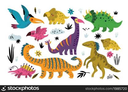 Cute dinosaurs. Kids style dinos funny prehistoric animals characters, predators and herbivores, birds and reptiles, happy wildlife fauna, baby decor collection, vector cartoon flat style isolated set. Cute dinosaurs. Kids style dinos funny prehistoric animals characters, predators and herbivores, birds and reptiles, wildlife fauna, baby decor collection, vector cartoon flat isolated set