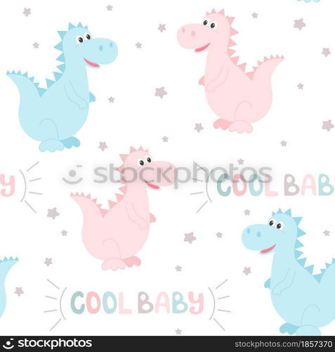 Cute dinosaurs lettering cool baby seamless pattern. Background with funny animals and hand lettering, vector illustration. Template pattern for wallpaper, packaging, fabric and textile.. Cute dinosaurs lettering cool baby seamless pattern.