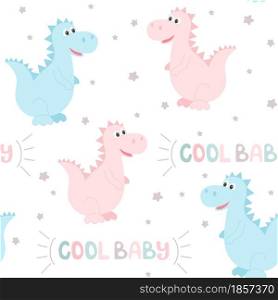 Cute dinosaurs lettering cool baby seamless pattern. Background with funny animals and hand lettering, vector illustration. Template pattern for wallpaper, packaging, fabric and textile.. Cute dinosaurs lettering cool baby seamless pattern.