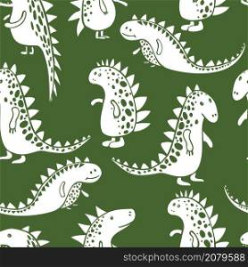 Cute dinosaurs on a green background. Vector seamless pattern.. Cute dinosaurs. Vector pattern.