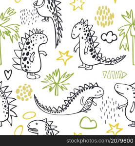 Cute dinosaurs on white background. Vector seamless pattern.. Cute dinosaurs. Vector pattern.