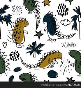 Cute dinosaurs on white background. Vector seamless pattern.. Cute dinosaurs. Vector pattern.