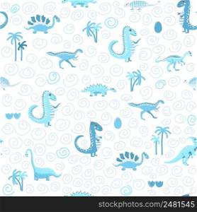 Cute dinosaurs seamless pattern. Solid pattern, shades of blue. Funny cartoon dinosaur. Cute dinosaurs seamless pattern. Solid pattern, shades of blue, green, pink, orange, purple, gray. Funny cartoon dinosaur