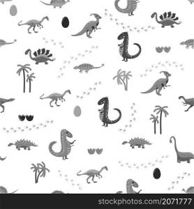 Cute dinosaurs seamless pattern. Solid pattern, shades of gray. Funny cartoon dinosaur. Cute dinosaurs seamless pattern. Solid pattern, shades of blue, green, pink, orange, purple, gray. Funny cartoon dinosaur