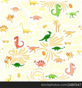 Cute dinosaurs seamless pattern. Solid pattern, shades of orange. Funny cartoon dinosaur. Cute dinosaurs seamless pattern. Solid pattern, shades of blue, green, pink, orange, purple, gray. Funny cartoon dinosaur