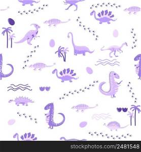 Cute dinosaurs seamless pattern. Solid pattern, shades of purple. Funny cartoon dinosaur. Cute dinosaurs seamless pattern. Solid pattern, shades of blue, green, pink, orange, purple, gray. Funny cartoon dinosaur