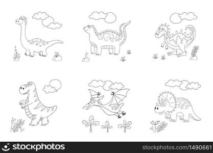 Cute dinosaurs. Set of dino. Vector illustration in doodle and cartoon style for coloring books and prints. Hand drawn. Black and white. Cute dinosaurs. Set of dino. Vector illustration in doodle and cartoon style