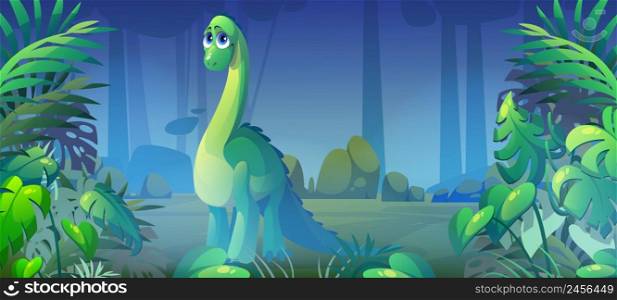 Cute diplodocus in jungle with green plants. Baby dinosaur in prehistoric forest. Vector cartoon illustration of tropical wood, rainforest landscape with funny dino. Cute dinosaur, diplodocus in jungle