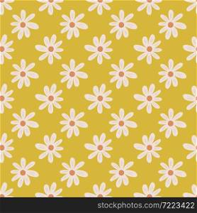 Cute ditsy flowers seamless pattern on yellow background. Retro chamomile print. Floral ornament. Pretty botanical backdrop. Design for fabric , textile print, surface, wrapping, cover.. Cute ditsy flowers seamless pattern on yellow background. Retro chamomile print. Floral ornament.