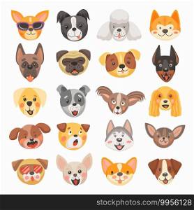 Cute dog and puppy faces cartoon vector design of pet animals. Isolated heads of terrier, french bulldog, pug and corgi, labrador, poodle, doberman and chihuahua dog breeds with funny tongues, smiles. Cute dog and puppy faces, cartoon pet animals