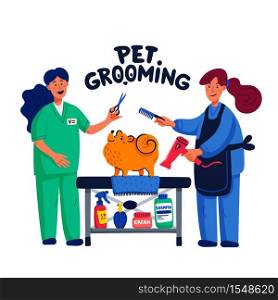 Cute dog at groomer salon. Two young girls shearing and combing spitz. Dog care, grooming, hygiene, health. Pet shop, accessories. Flat style vector illustration. Cute dog at groomer salon. Two young girls shearing and combing spitz. Dog care, grooming, hygiene, health. Pet shop, accessories. Flat style vector illustration.